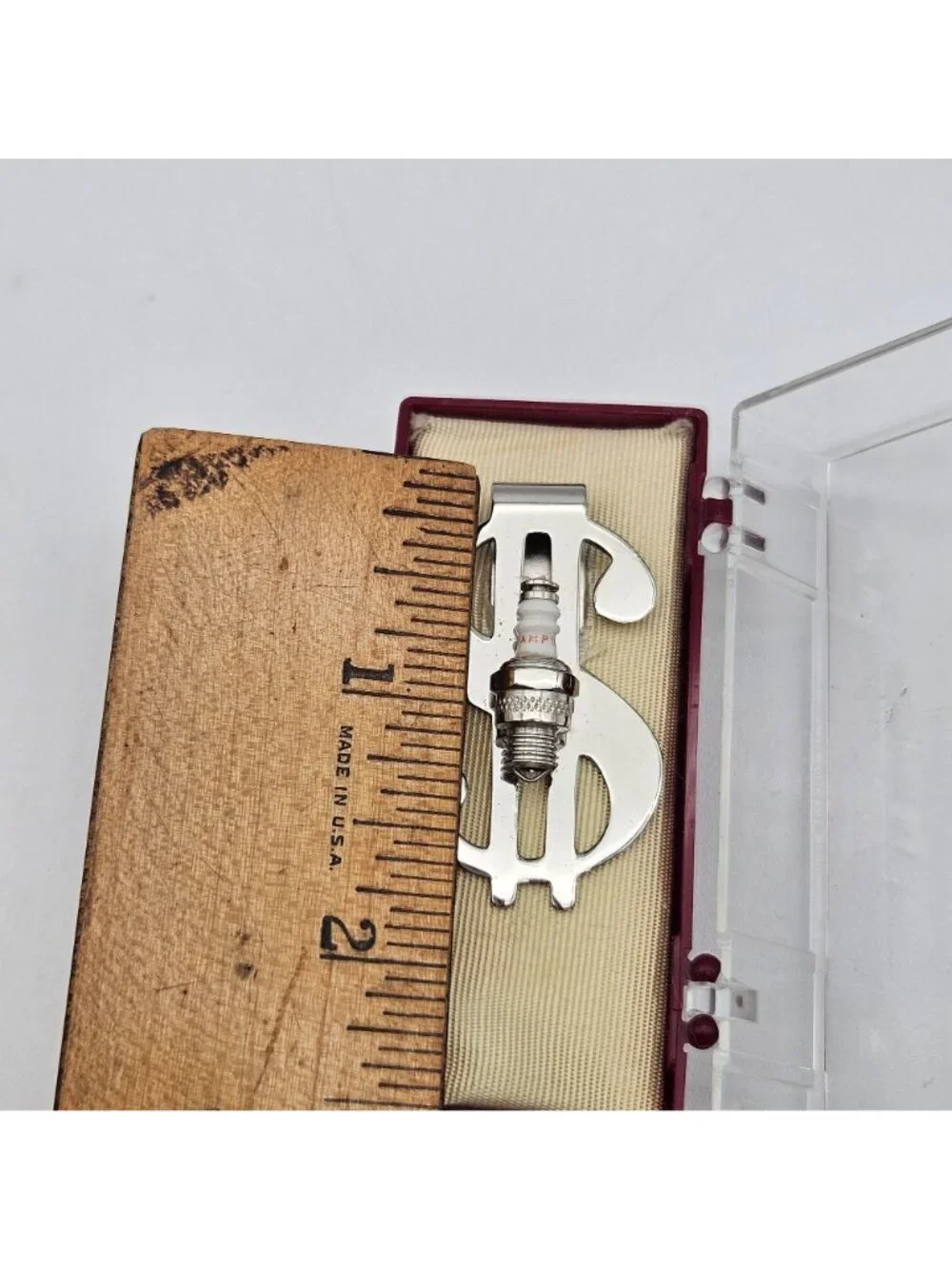 Vintage Dollar Sign $ Champion Spark Plug Silver Tone Money Clip in Box NOS